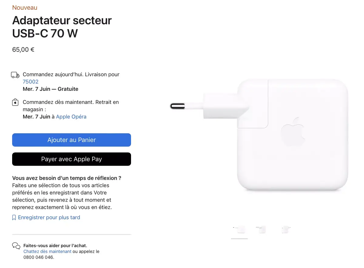 Un nouvel adaptateur secteur USB‑C 70 W pour le MacBook Air 15" (65€)