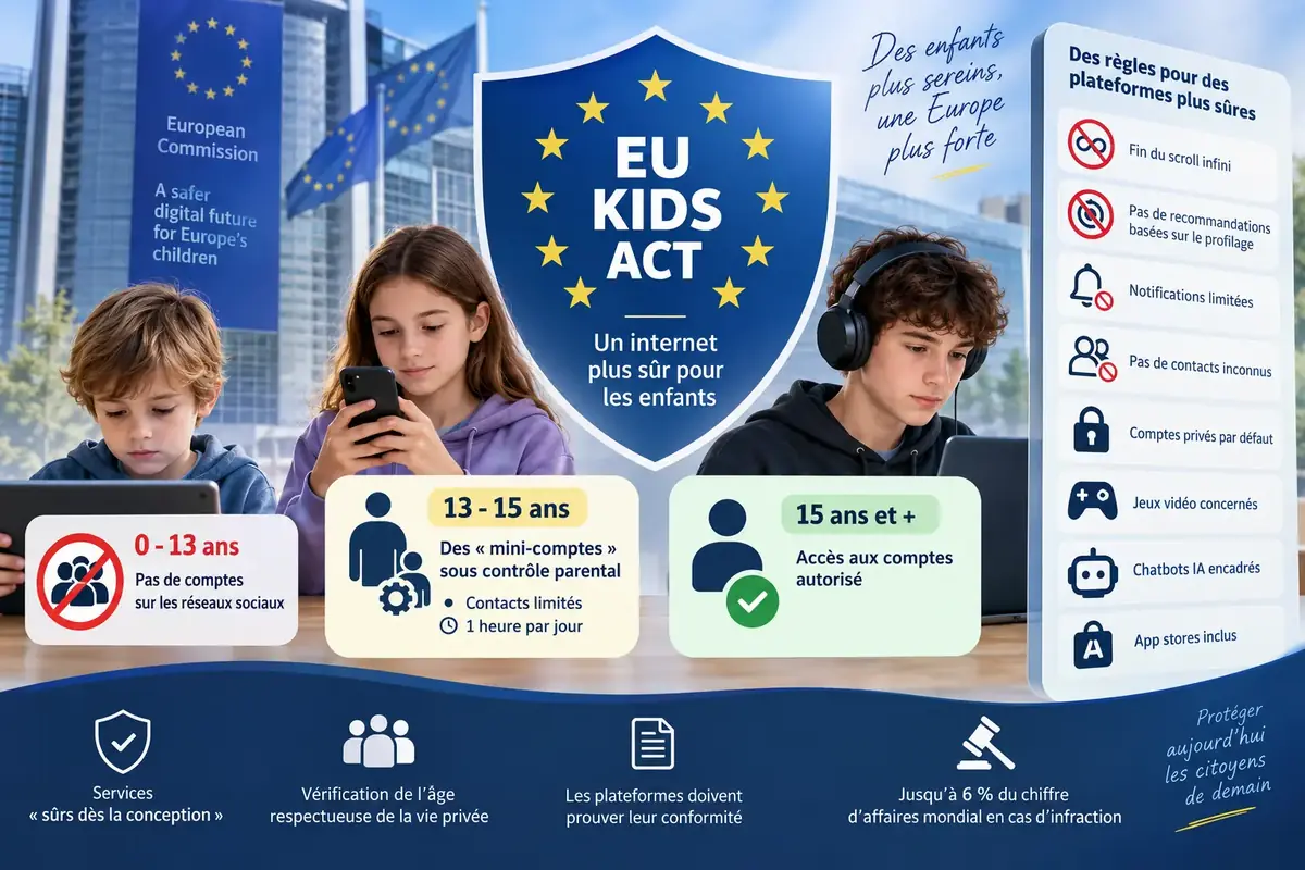 R&eacute;seaux sociaux interdits avant 13 ans&nbsp;: ce que pr&eacute;voit vraiment l'EU Kids Act
