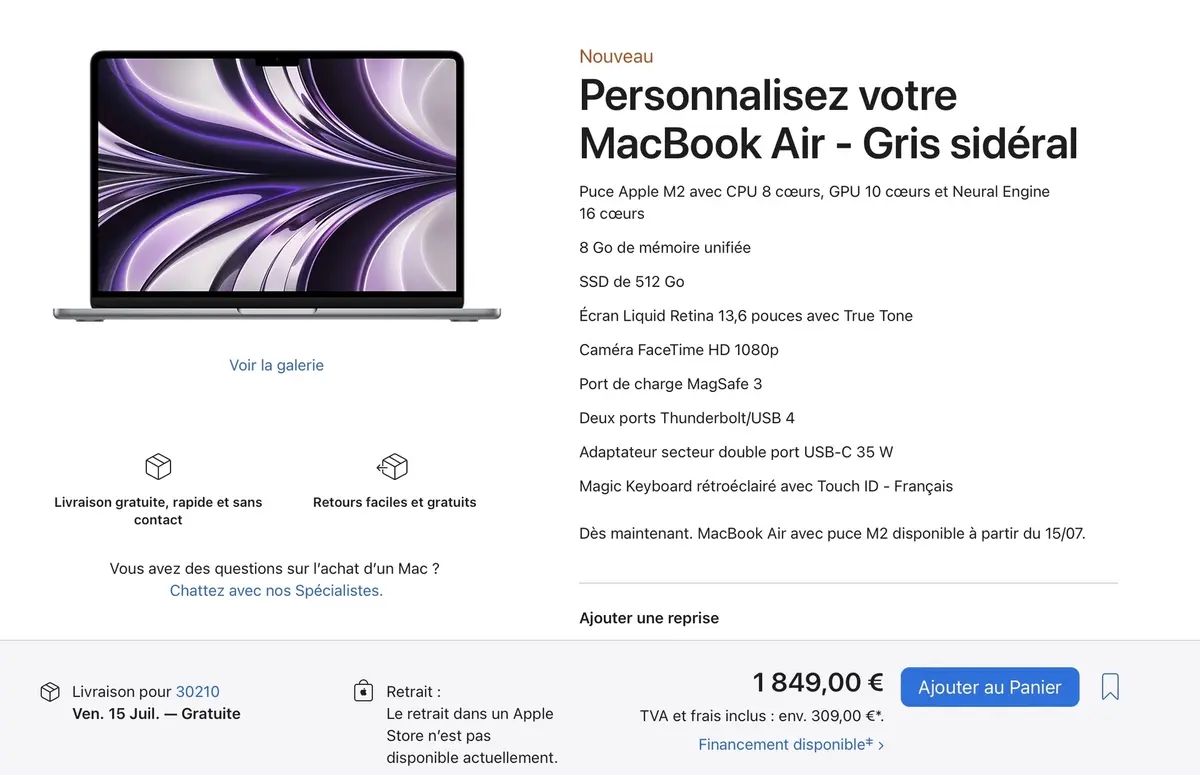 On peut encore commander un MacBook Air M2 pour le 15 juillet