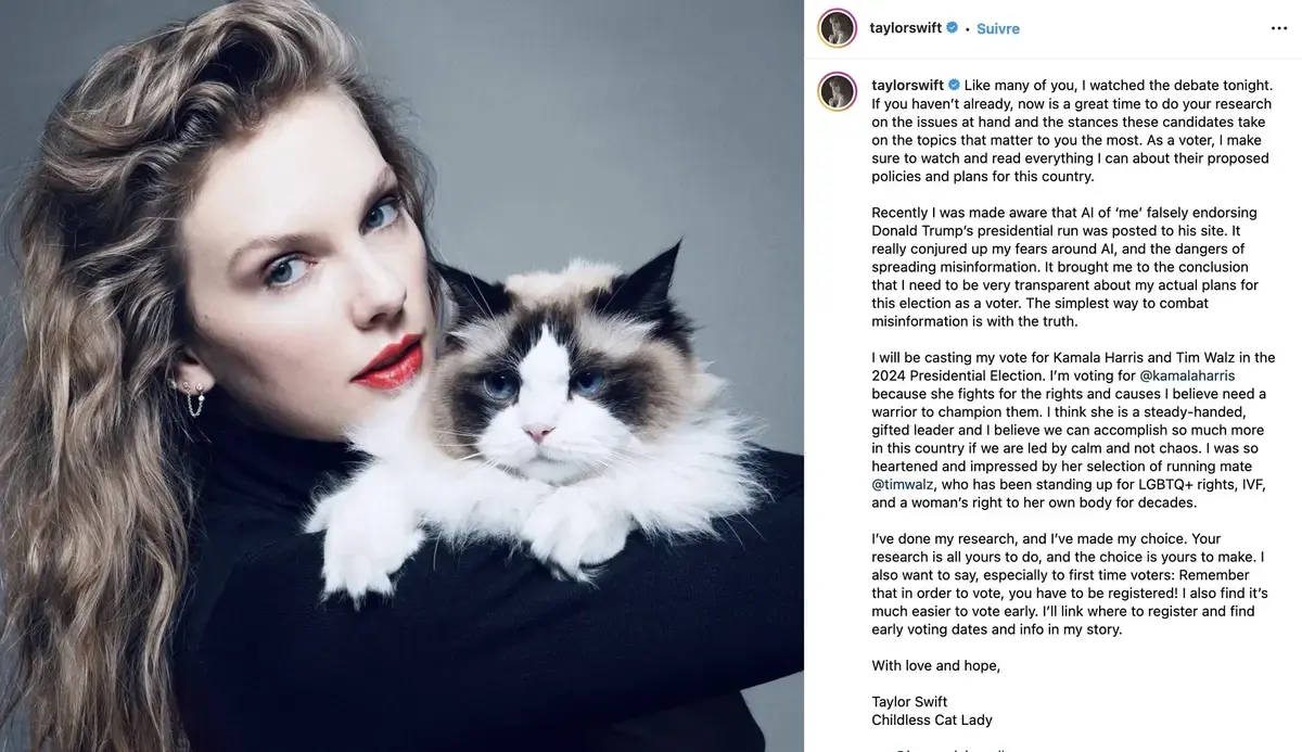 Taylor Swift a soutenu Kamala Harris sur Instagram