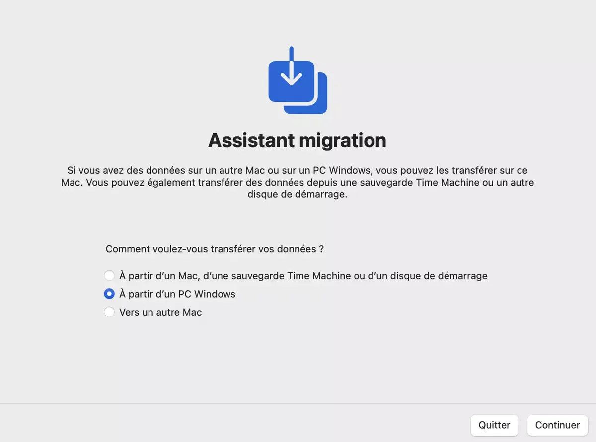 Une version de l'assistant migration depuis Windows dédiée pour macOS Sonoma