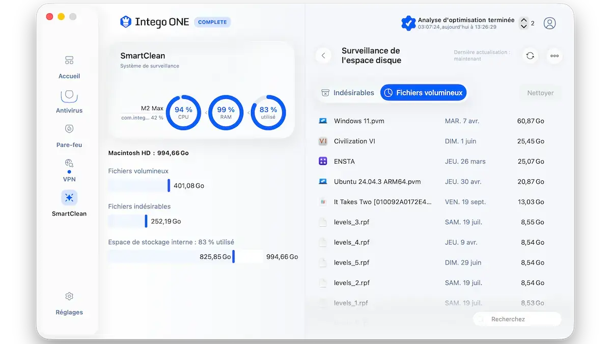 Intego ONE SmartClean nettoyage fichiers lourds