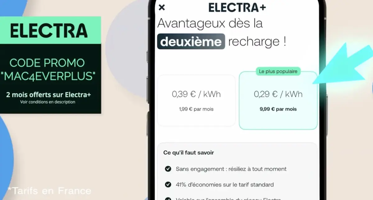 Voiture électrique : -50% sur ta 1e recharge et 2 mois gratuits avec notre code promo Electra !