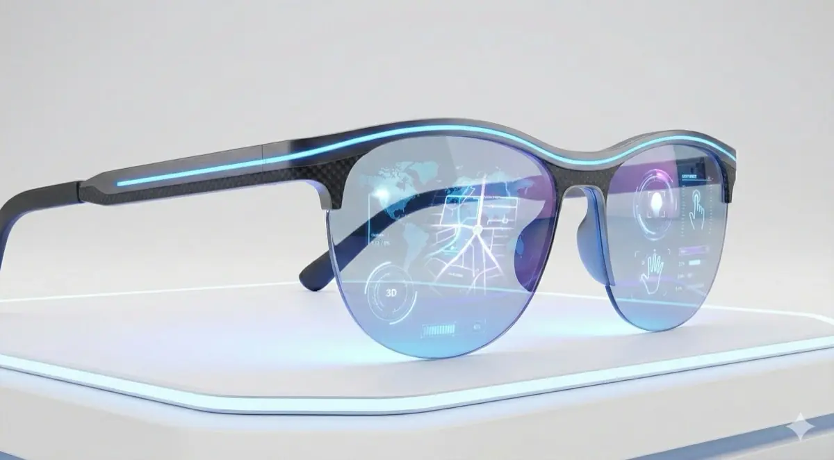 (Contrairement à ce que cette illustration IA suggère, il n'y aurait pas d'écran intégré dans les verres sur les lunettes Apple)