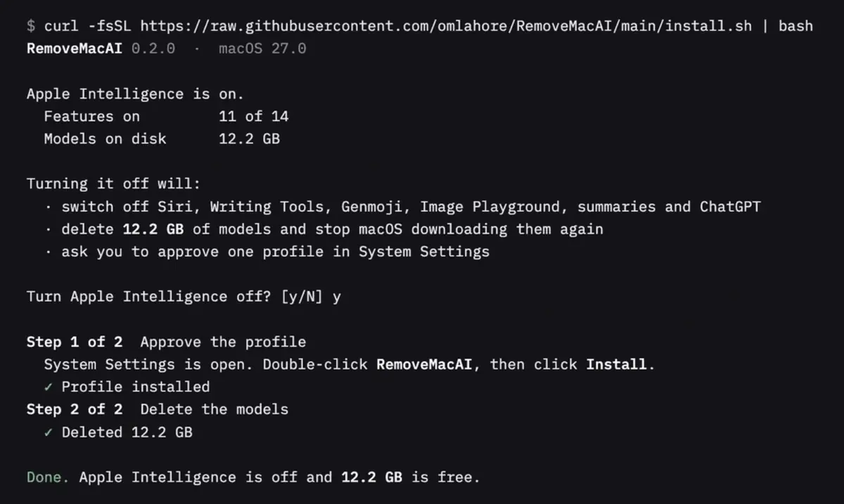 Un outil gratuit vire Apple Intelligence du Mac et r&eacute;cup&egrave;re 12 Go