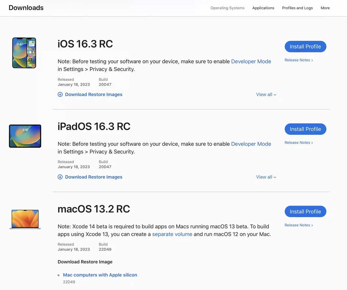 Apple publie les RC d'iOS/iPadOS 16.3, tvOS 16.3, watchOS 9.3 et macOS 13.2