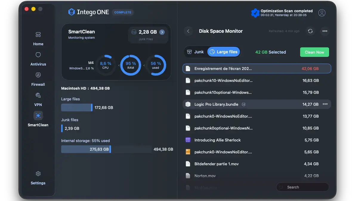 Intego ONE SmartClean nettoyage fichiers lourds