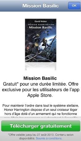 Le livre Mission Basilic de David Weber, offert aujourd'hui par Apple