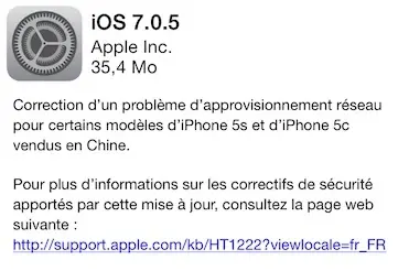 Une mise à jour 7.0.5 d'iOS disponible, sans intérêt évident hors de Chine