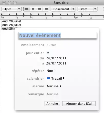 Lion : créer un événement iCal à partir d'un champ de texte