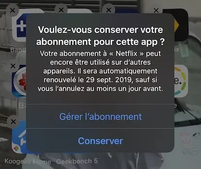 iOS 13 demande si l'utilisateur souhaite conserver l'abonnement d'une App supprimée