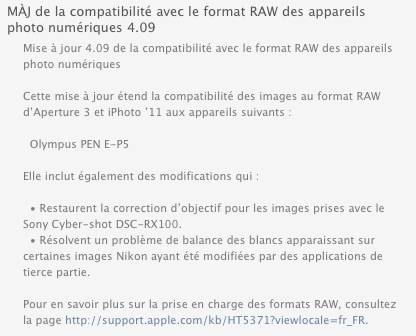 Mise à jour de la compatibilité avec le format RAW 4.09