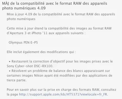 Mise à jour de la compatibilité avec le format RAW 4.09