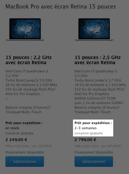 Glissement des délais d'expédition des MacBook Pro Retina 15"