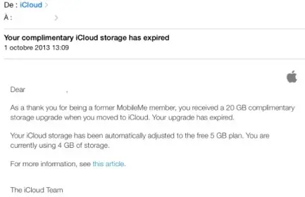 Fin des 20 Go de stockage iCloud pour les anciens abonnés Mobile Me