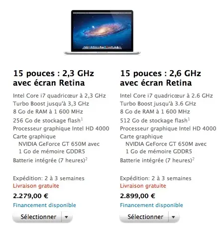 MacBook Pro Retina : 2 à 3 semaines de délais