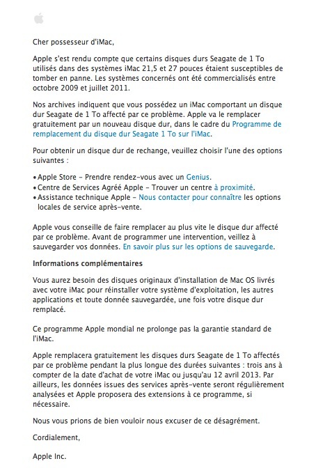 Apple écrit aux possesseurs d'iMac à disque douteux