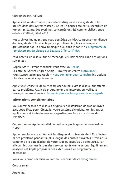 Apple écrit aux possesseurs d'iMac à disque douteux