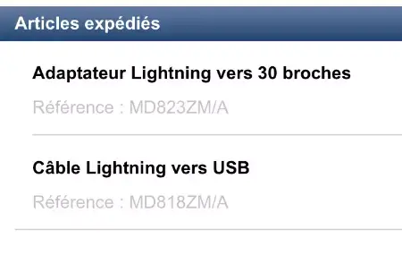 L'adaptateur Lightning également expédié en France