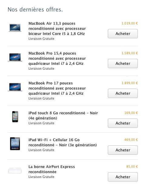 Refurb : des MacBook Pro, Air, des iPod Touch, des iPad et de l'AirPort