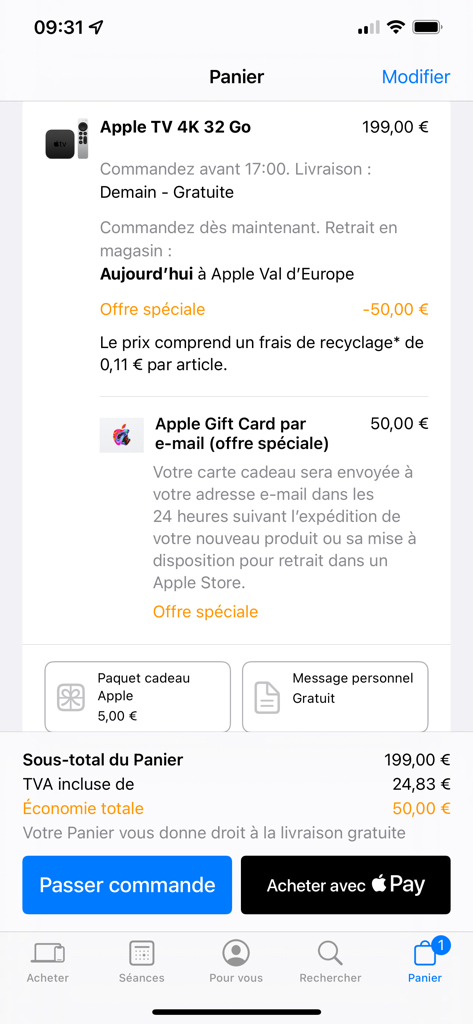 L'Apple Store propose une carte cadeau de 50 euros pour l'achat d'une Apple TV 4K (jusqu'au 15 août)