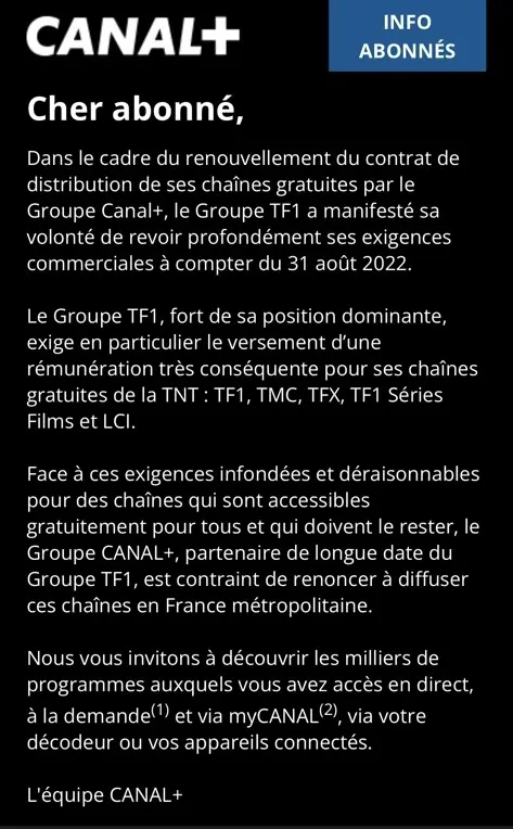 France : Canal+  ne diffusera plus les chaînes de TF1