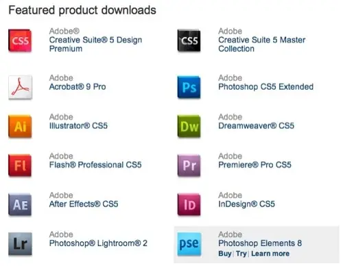 Adobe CS5 : télécharger les démos anglaises chez Adobe