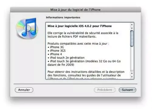 Mise à jour logicielle iOS 4.0.2 pour iPhone