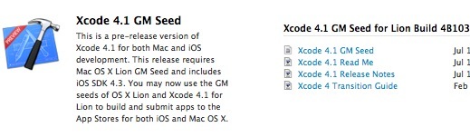 Xcode 4.1 GM Seed pour Lion disponible