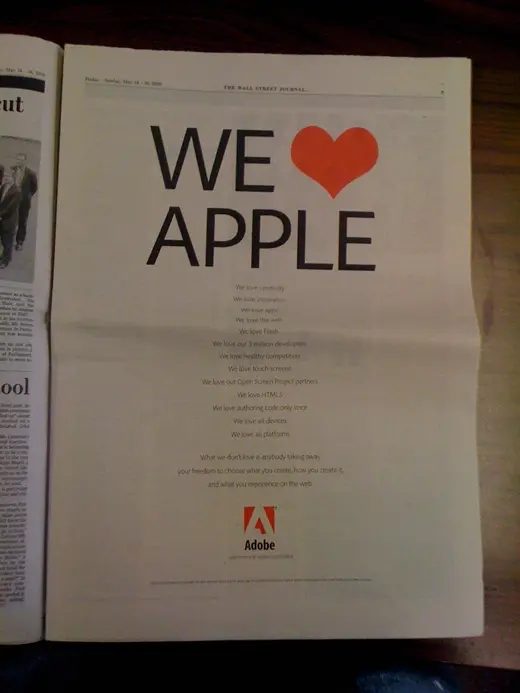 Adobe embrasse Apple dans le Wall Street Journal