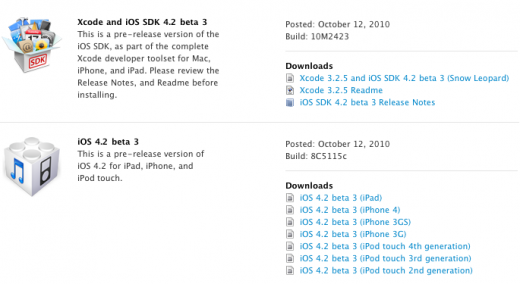 Xcode, iOS SDK 4.2 beta 3, iOS 4.2 beta 3 et iTunes 10.1 beta 2