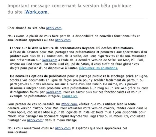 Apple communique sur la mise à jour iWork.com