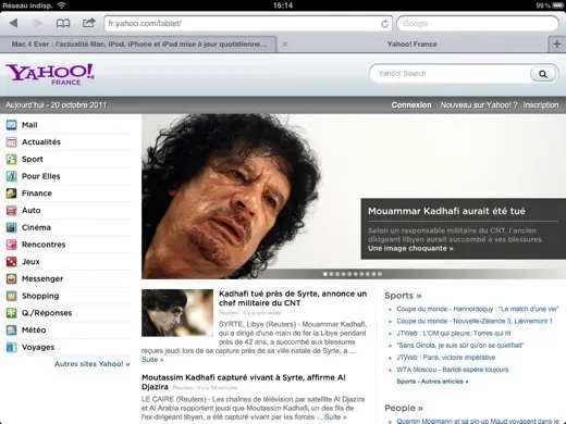 Yahoo! optimise ses pages pour l'iPad
