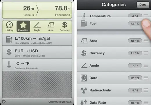 Converter Touch, superbe convertisseurs d'unités, gratuit pour iPhone