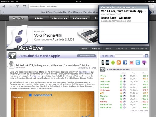 Astuce iPad : la liste des onglets récemment fermés