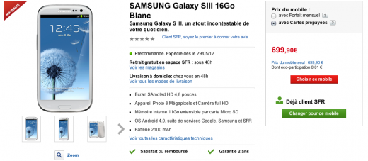 Samsung Galaxy S 3 en précommande chez SFR