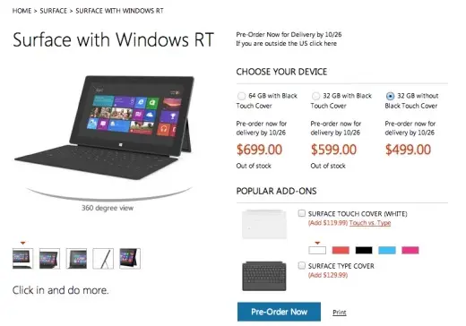 Surface RT, à partir de 499 $