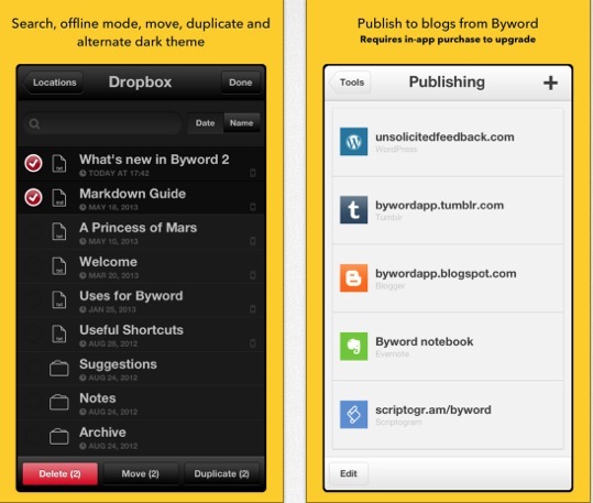 Le version 2 de Byword permet de publier des billets sur Tumblr et WordPress