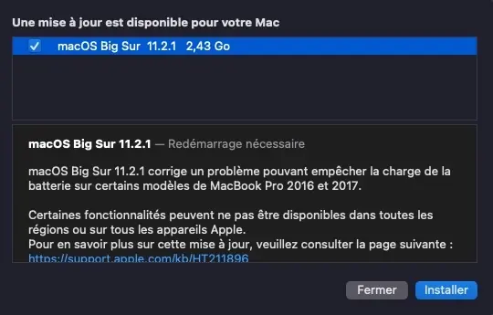 Apple déploie macOS 11.2.1 avec un correctif pour la charge des MacBook Pro 2016/17