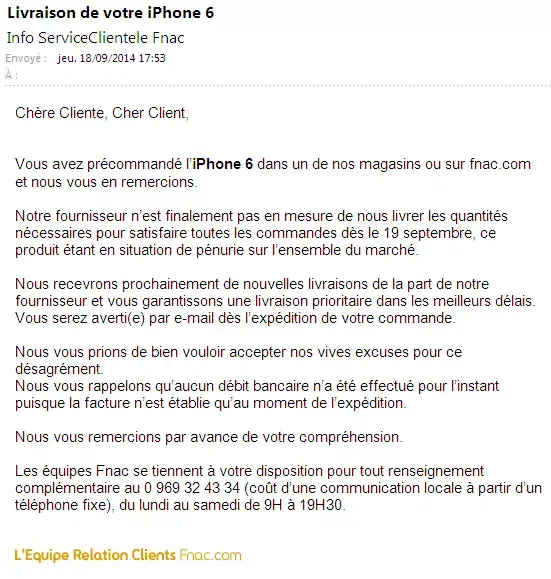 iPhone 6 : la Fnac s'excuse de ne pas avoir été livrée à temps