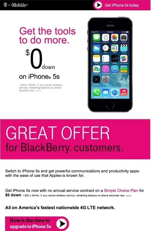 BlackBerry outré par l'offre de passage à l'iPhone 5s de T-Mobile