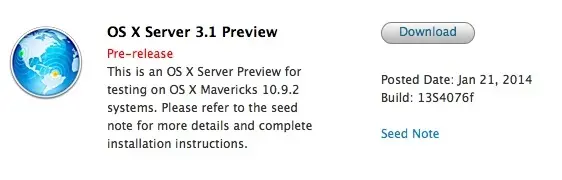 OS X Server Preview (Build 13S4076f) envoyée aux développeurs