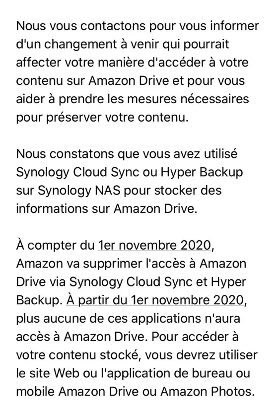 Amazon Drive coupera l'accès via Synology Cloud Sync et Hyper Backup dès novembre