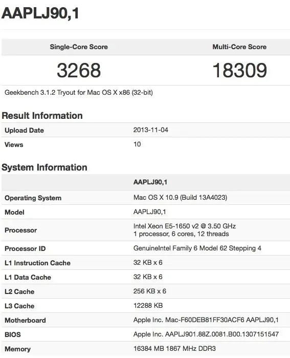 Un Mac Pro 2013 à 6 coeurs apparait chez Geekbench