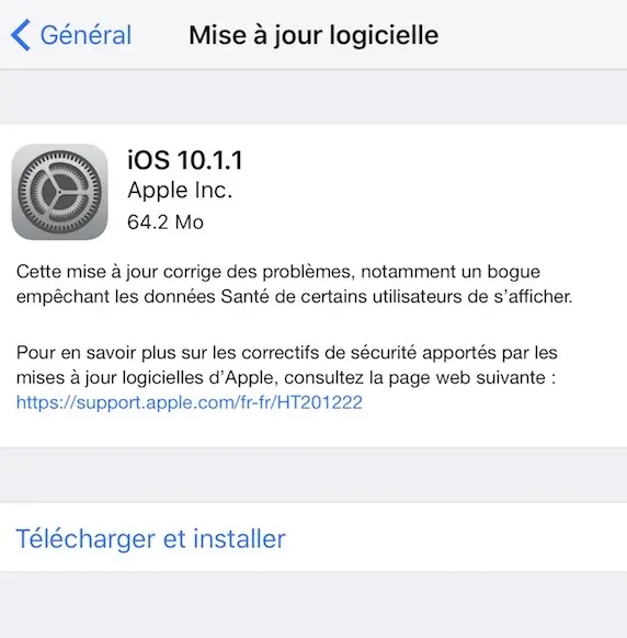 Nouvelle version de la mise à jour iOS 10.1.1