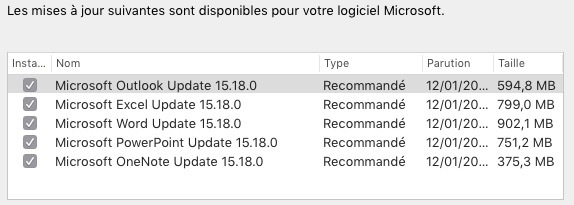 Mise à jour d'Office 2016 (Mac) en version 15.18