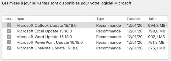 Mise à jour d'Office 2016 (Mac) en version 15.18