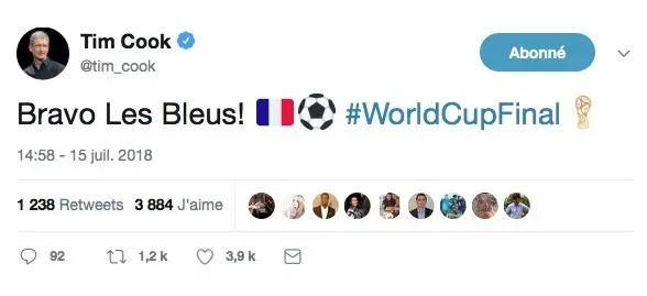 Tim Cook félicite les bleus, champions du monde de foot !