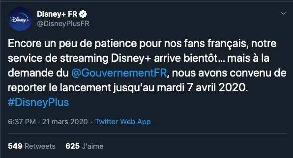 Disney+ repoussé au 7 avril à la demande du gouvernement