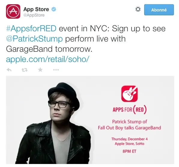 Un événement (Red) avec le guitariste des Fall Out Boy à l'Apple Store de Soho ce soir